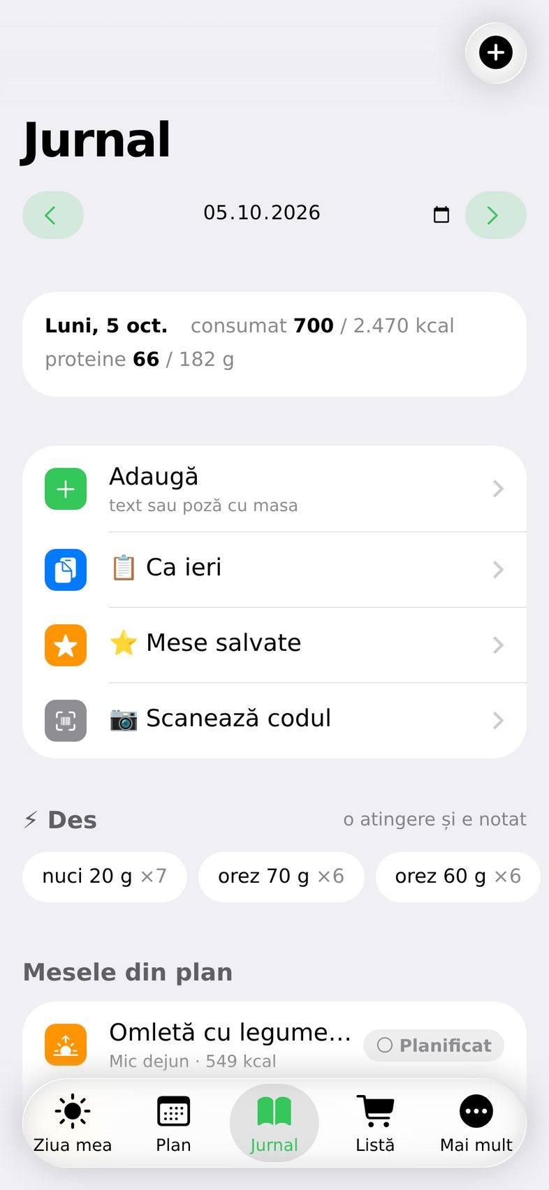 Jurnalul: adaugi din text sau poză, „ca ieri”, mese salvate sau codul de bare.